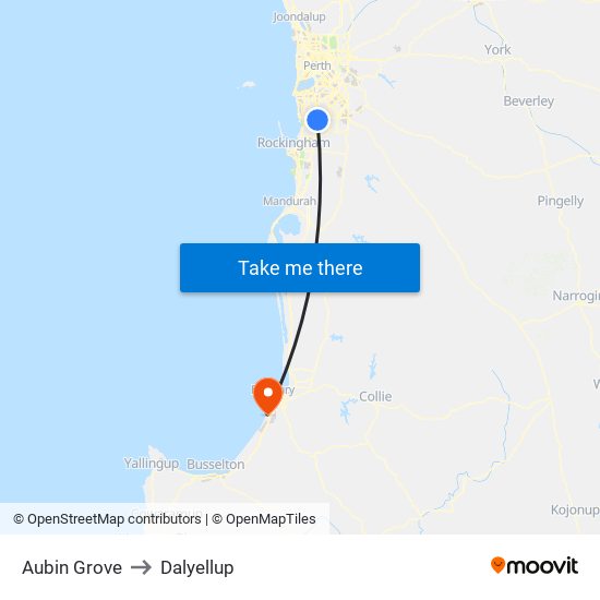 Aubin Grove to Dalyellup map