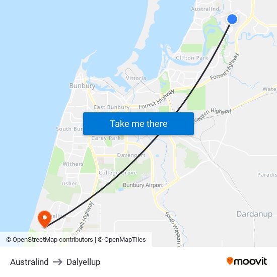 Australind to Dalyellup map