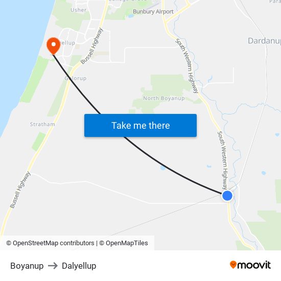 Boyanup to Dalyellup map