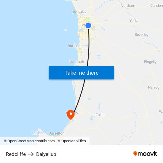 Redcliffe to Dalyellup map