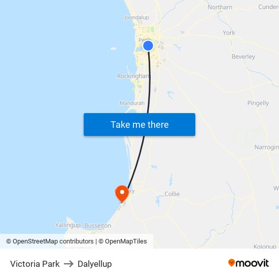 Victoria Park to Dalyellup map