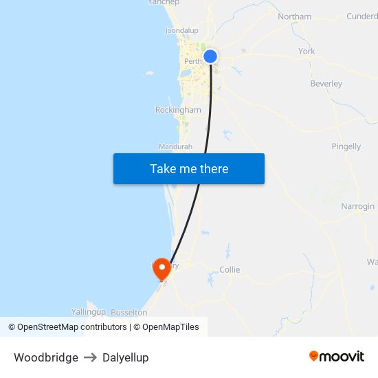 Woodbridge to Dalyellup map