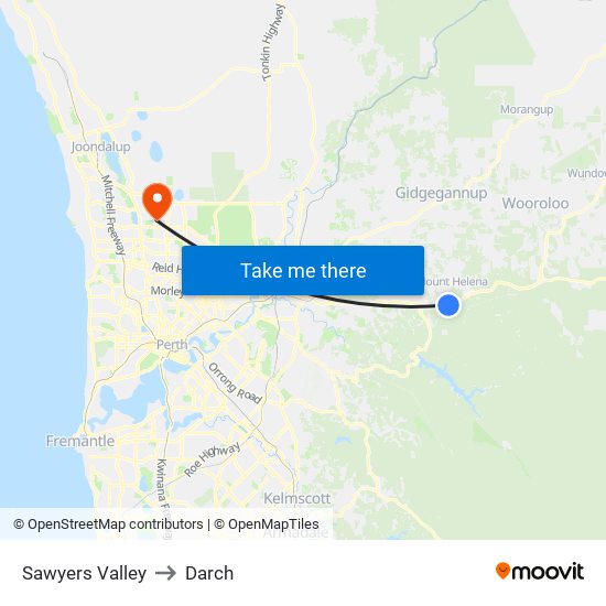 Sawyers Valley to Darch map