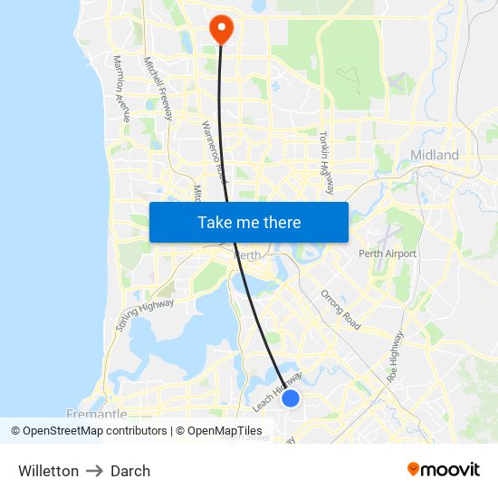 Willetton to Darch map