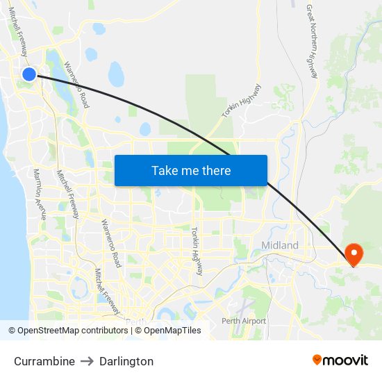 Currambine to Darlington map