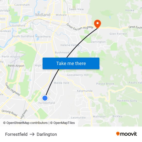 Forrestfield to Darlington map