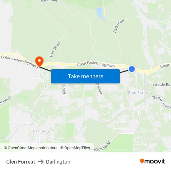 Glen Forrest to Darlington map