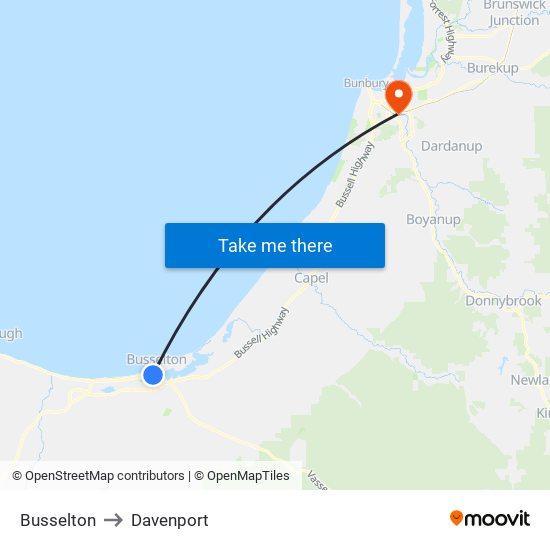 Busselton to Davenport map