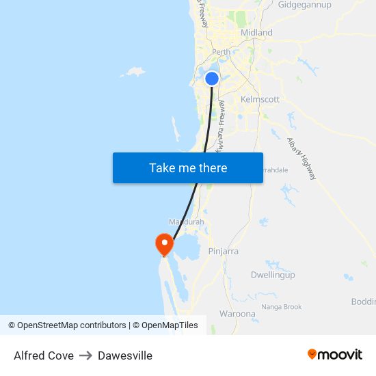 Alfred Cove to Dawesville map