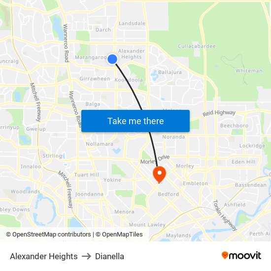 Alexander Heights to Dianella map