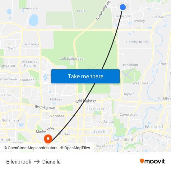 Ellenbrook to Dianella map