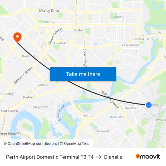 Perth Airport Domestic Terminal T3 T4 to Dianella map