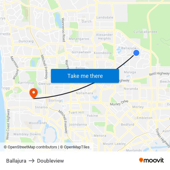 Ballajura to Doubleview map