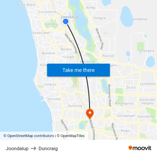 Joondalup to Duncraig map