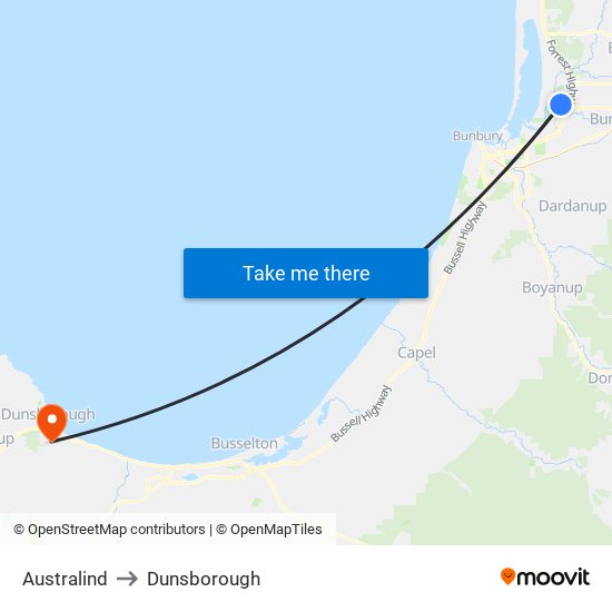 Australind to Dunsborough map