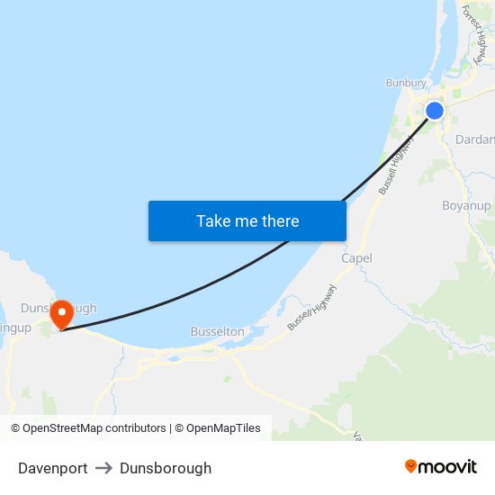 Davenport to Dunsborough map