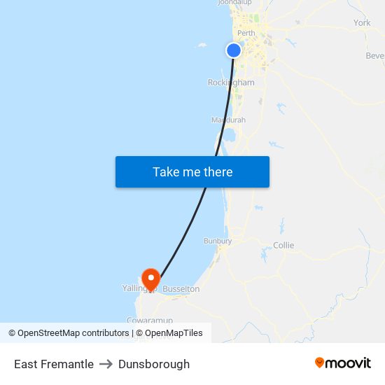 East Fremantle to Dunsborough map