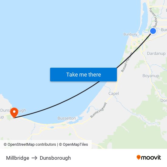 Millbridge to Dunsborough map