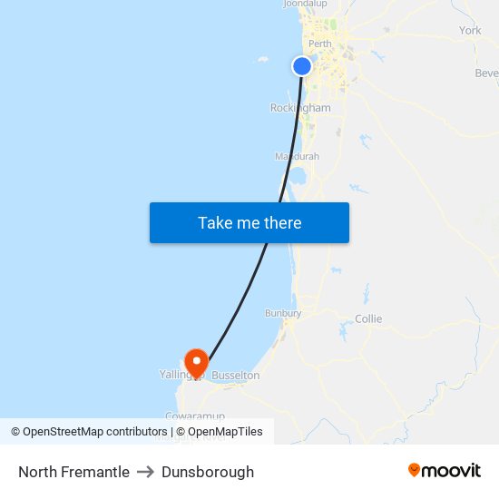 North Fremantle to Dunsborough map