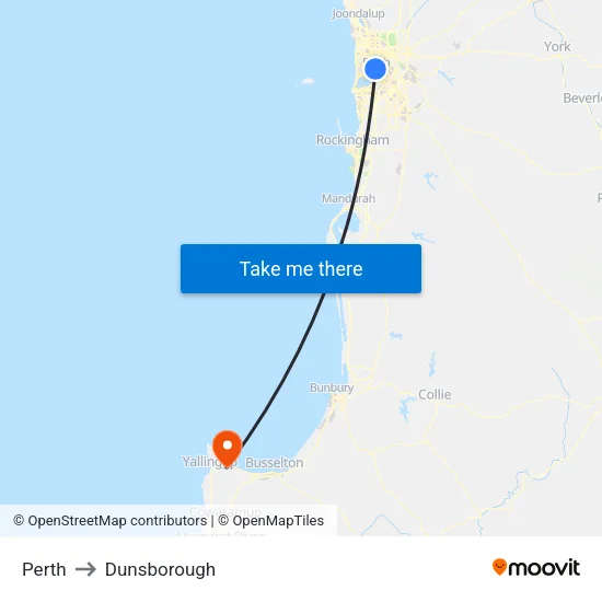 Perth to Dunsborough map