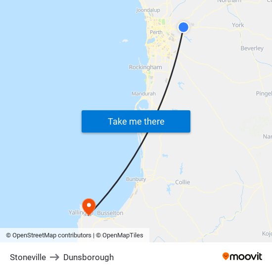 Stoneville to Dunsborough map