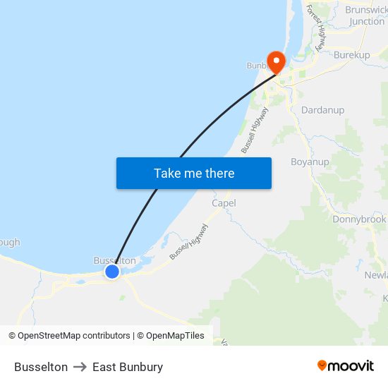 Busselton to East Bunbury map