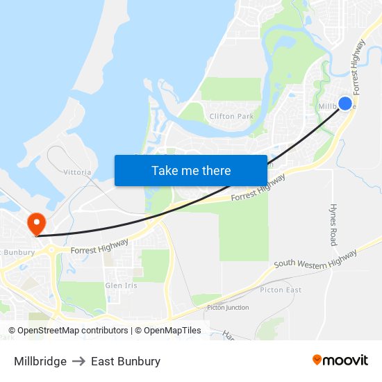 Millbridge to East Bunbury map
