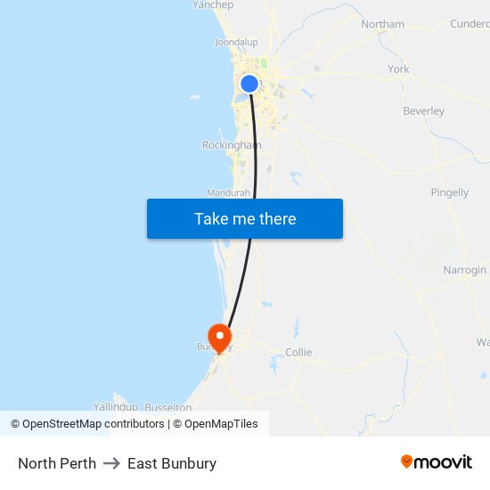 North Perth to East Bunbury map