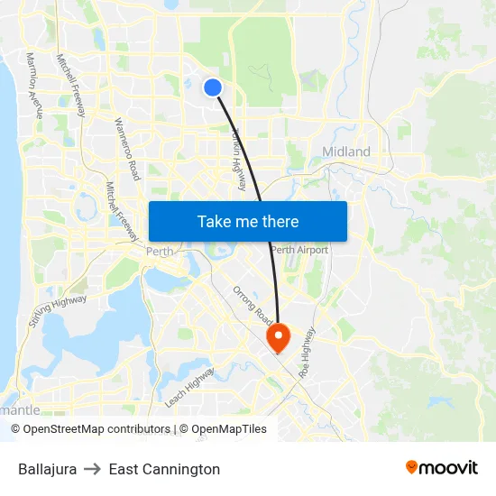 Ballajura to East Cannington map