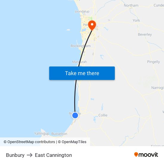 Bunbury to East Cannington map