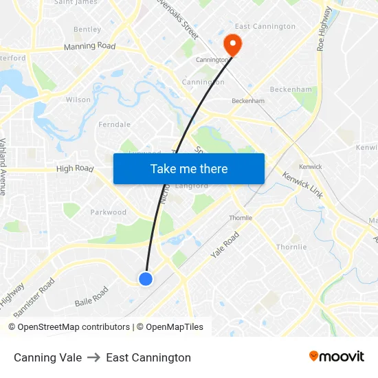 Canning Vale to East Cannington map
