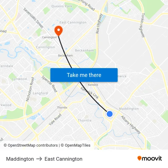 Maddington to East Cannington map