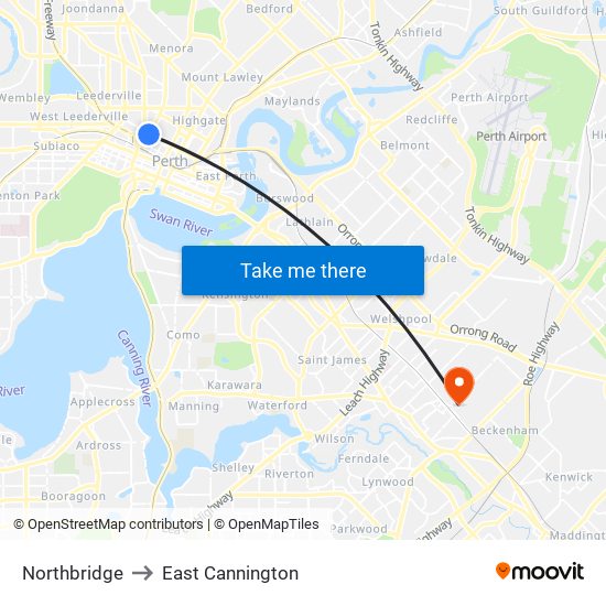 Northbridge to East Cannington map