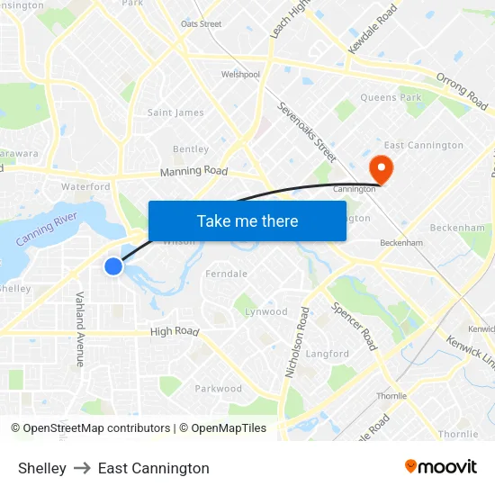 Shelley to East Cannington map