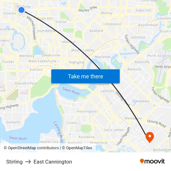 Stirling to East Cannington map