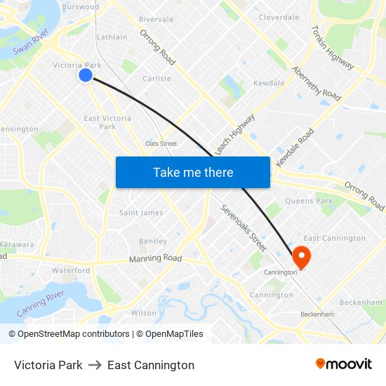 Victoria Park to East Cannington map