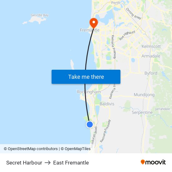 Secret Harbour to East Fremantle map