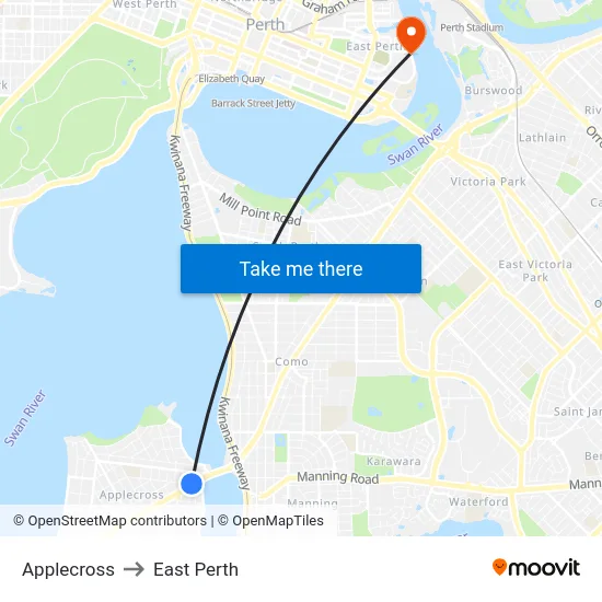 Applecross to East Perth map