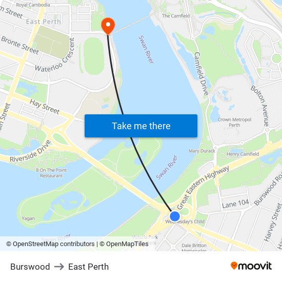 Burswood to East Perth map