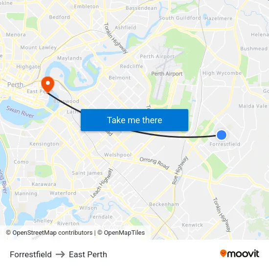 Forrestfield to East Perth map