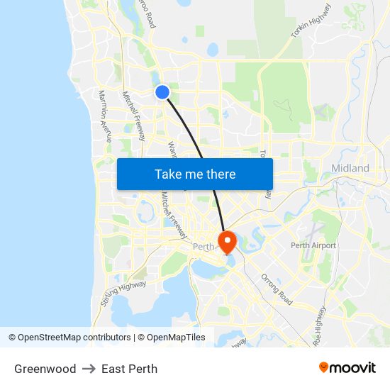 Greenwood to East Perth map