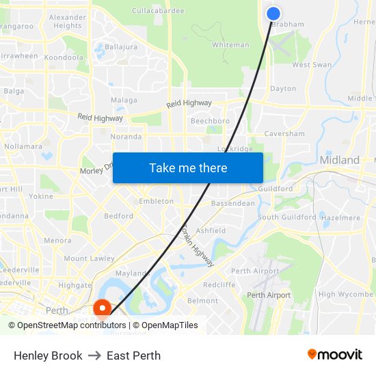 Henley Brook to East Perth map
