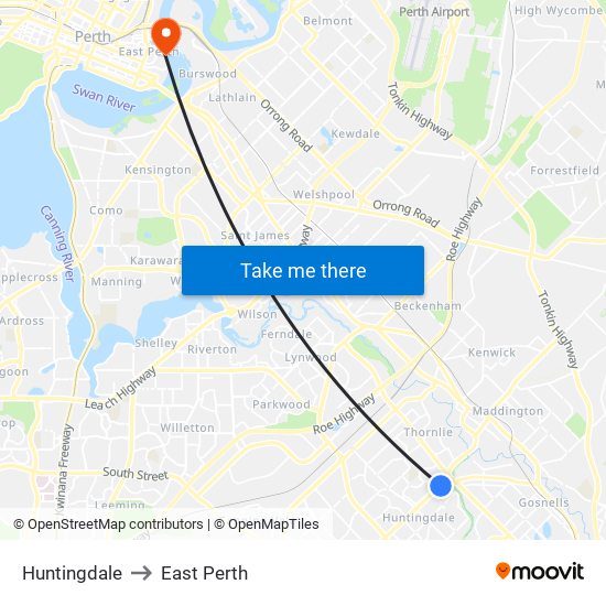 Huntingdale to East Perth map
