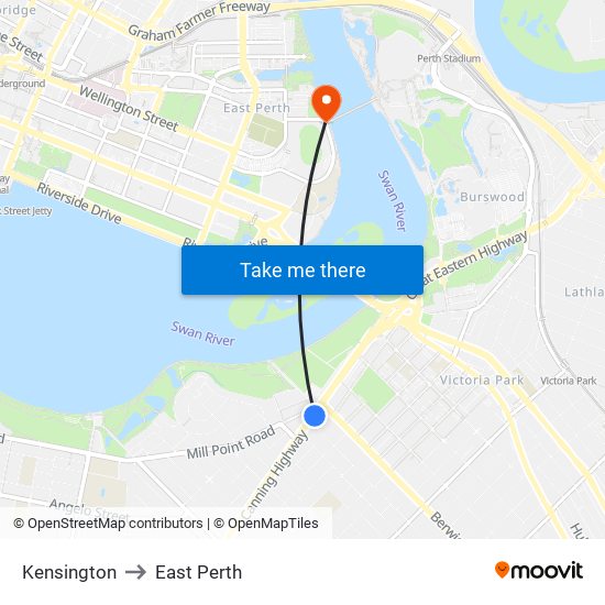 Kensington to East Perth map