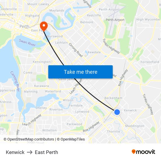 Kenwick to East Perth map