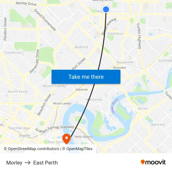 Morley to East Perth map