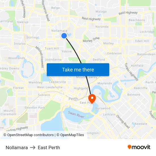 Nollamara to East Perth map