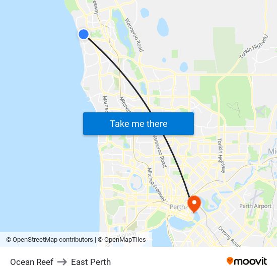 Ocean Reef to East Perth map