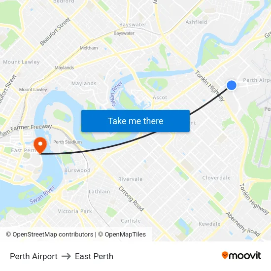 Perth Airport to East Perth map