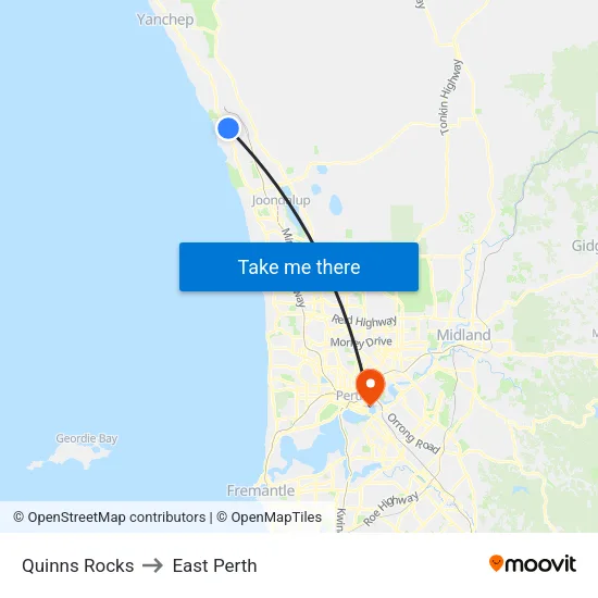 Quinns Rocks to East Perth map